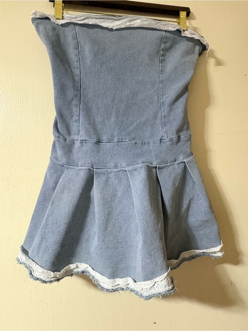 Strapless Light Blue Denim Skater Dress romper with Lace Trim